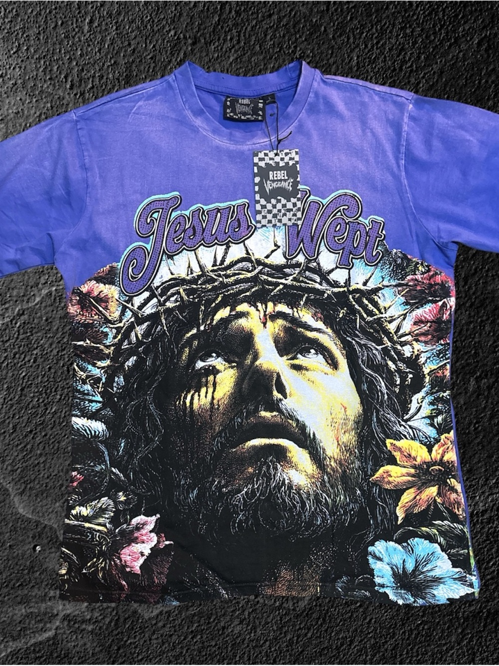 Rebel Vengeance Jesus Wept Rhinestone Sun Faded Graphic Tee Men's Size L NWT